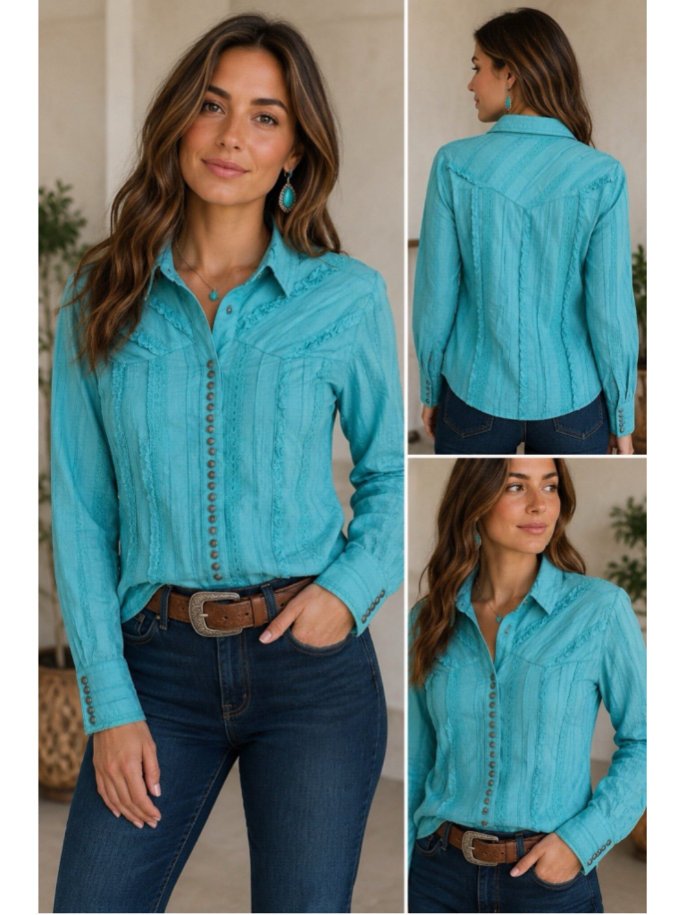 Scully Turquoise Western Blouse XL Cotton Lace Ruffle Snap Front Shirt Boho